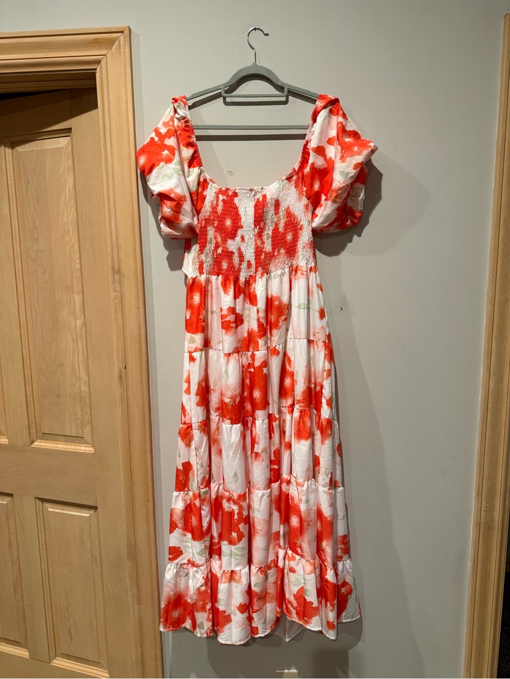 Orange Floral With Green Accent Puff-Sleeve Midi Dress - Picture 5 of 7